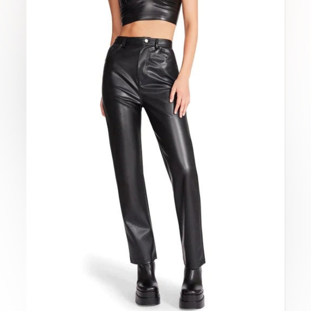 New + Tag GAP Womens 26W Black Faux Leather Pants Straight Leg Trouser